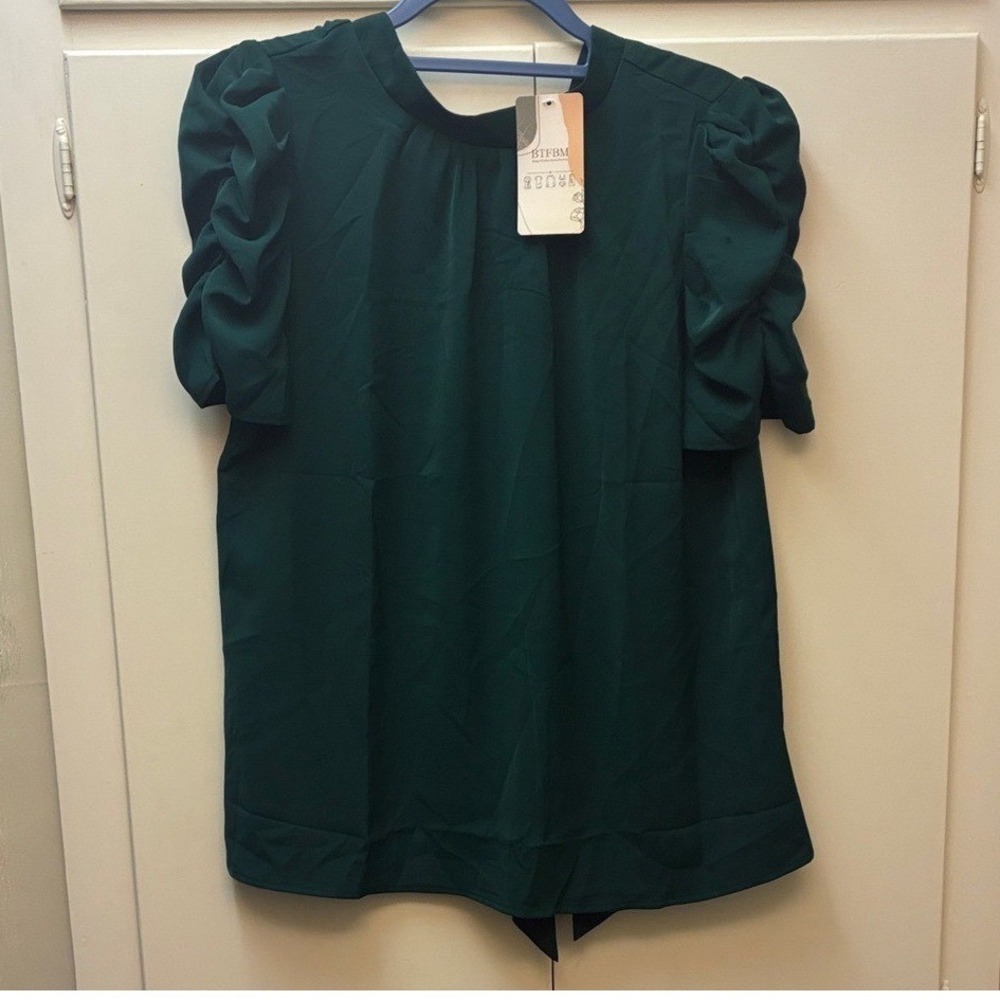 BTFBM Emerald Green Ruched Puff Sleeve Mock Neck Blouse Top Women's Medium
